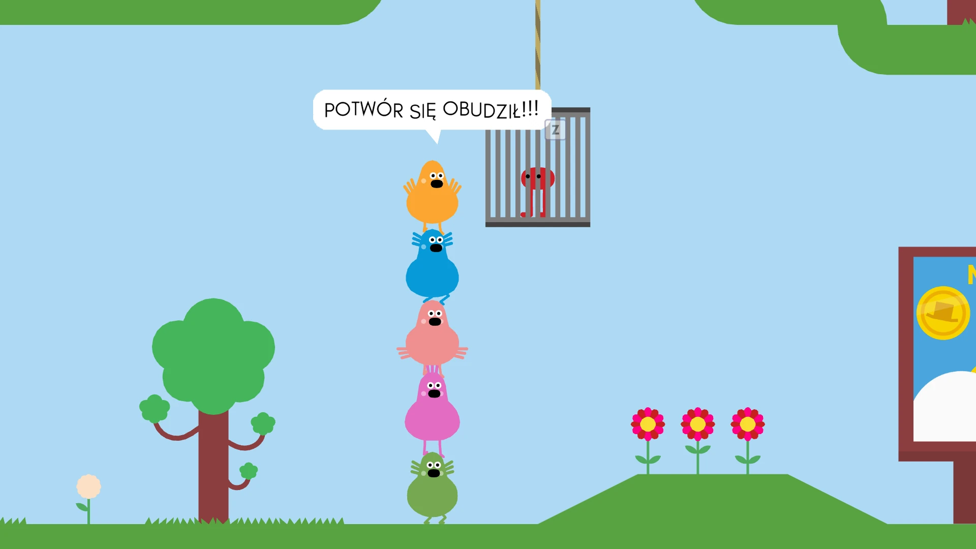 Zrzut ekranu z gry Pikuniku przedstawiający dialog po polsku.